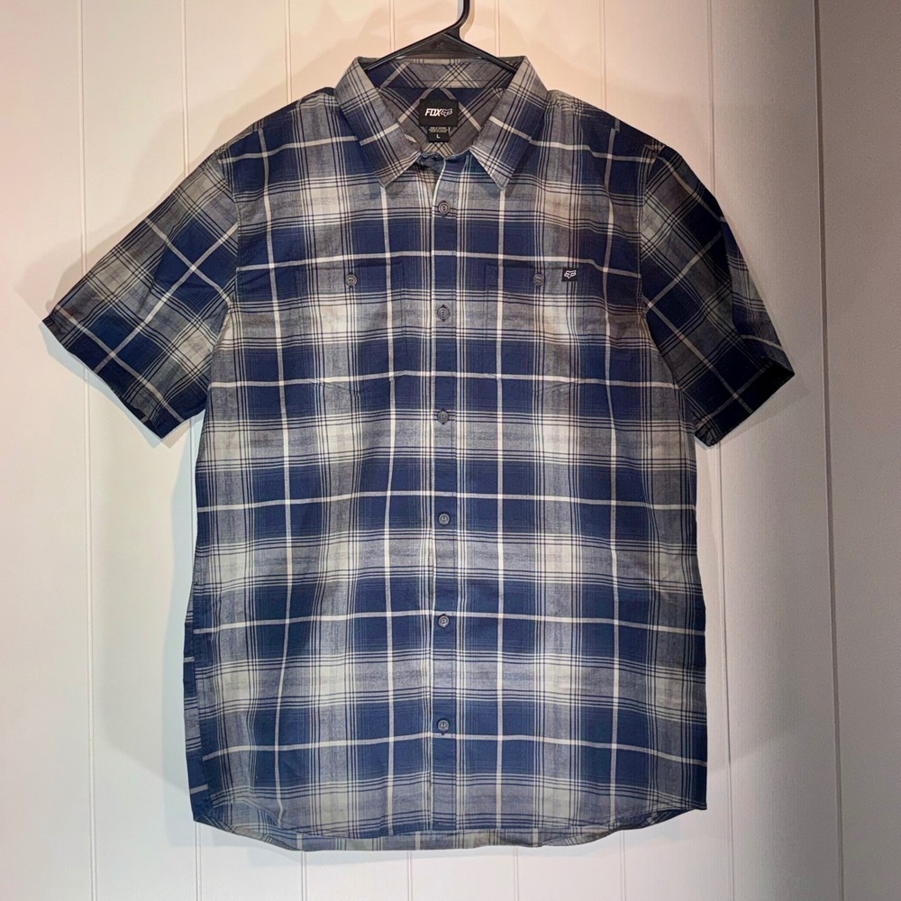 Fox Racing Resistance SS Woven Plaid Button Down Shirt Blue Grey Mens Large NEW